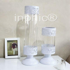 INPHIC-歐式新古典餐桌燭臺擺飾鏤空白色鐵藝玻璃燭臺套裝家裝飾品
