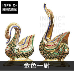 INPHIC-裝飾品天鵝木雕居家泰國動物擺飾東南亞一對藝品-金色一對