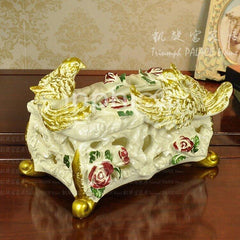 INPHIC-歐式情侶鳥玫瑰花樹脂紙巾盒抽紙盒 奢華家居裝飾餐巾盒