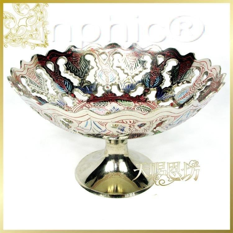INPHIC-印度進口彩銅手工鏤空雕刻高腳大果盤飯店純銅彩繪大果盤
