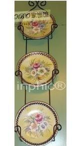 INPHIC-銀邊仿舊手繪花卉壁掛3連盤（帶鐵架）送單個塑膠盤架