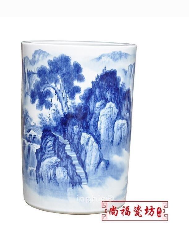 INPHIC-落地 書房 擺飾 山水古典手工繪畫 箭筒 帽筒 畫軸缸 青花瓷花瓶