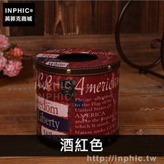 INPHIC-擺件皮革木質紙巾盒佈置工藝創意美式面紙盒室內復古-酒紅色
