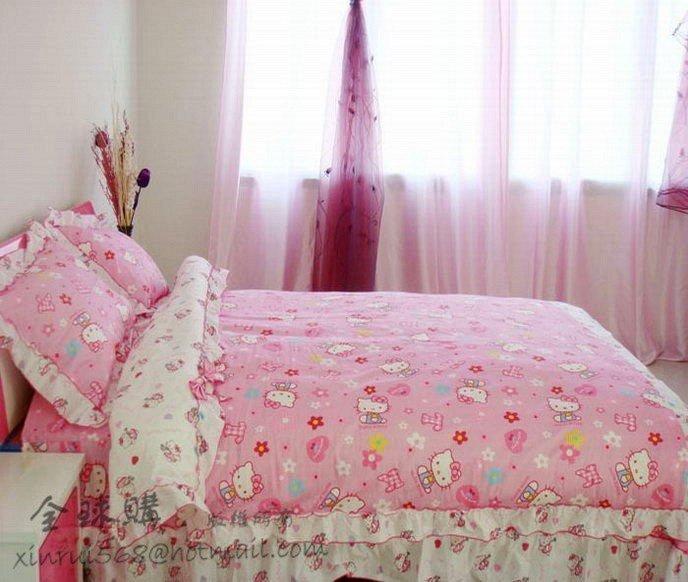 INPHIC-公主床裙kt貓純棉四件套 全棉床單被套花邊枕套hellokitty貓