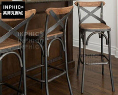 INPHIC-美式鐵藝實木高腳椅復古酒吧桌椅 咖啡廳餐廳吧臺前臺椅吧凳