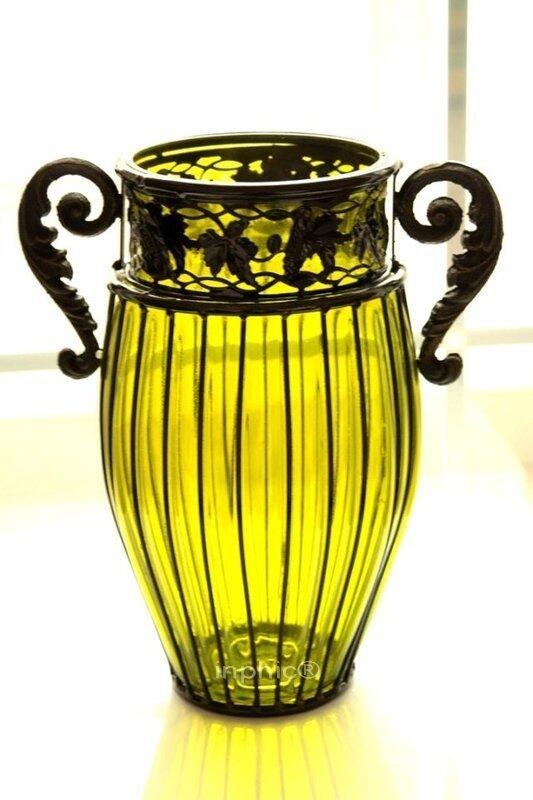 INPHIC-鑄鐵工藝玻璃花瓶 人工吹製 經典綠色透明玻璃花瓶