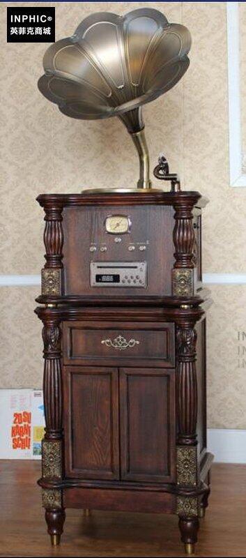 INPHIC-歐式復古大喇叭留聲機復古黑膠CD電唱機唱片機-深棕褐色