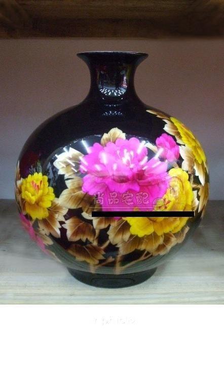INPHIC-黑地牲丹 ;花開富貴; 景德鎮陶瓷花瓶（炫麗藝術）