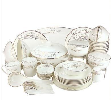 INPHIC-陶瓷餐具套件骨質瓷48頭荷塘月色中餐具10人份套裝餐具錦牌