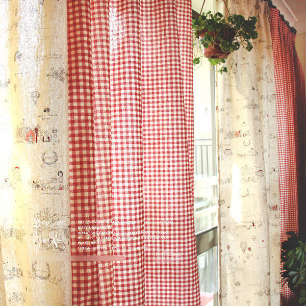 INPHIC-甜美紅色格紋 可愛系列 棉麻 遮光窗簾客製