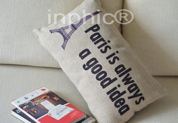 INPHIC-北歐懷舊 巴黎鐵塔 文字 亞麻 抱枕 靠墊 35cm x 50cm