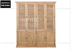 INPHIC-美式鄉村橡木百葉門衣櫥 上下截分體式帶掛衣桿儲物大衣櫃