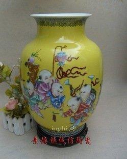 INPHIC-景德鎮陶瓷工藝品 新彩手繪 黃釉藝術瓷器 童子鬧春 嬰戲圖 收藏