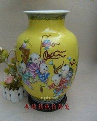 INPHIC-景德鎮陶瓷工藝品 新彩手繪 黃釉藝術瓷器 童子鬧春 嬰戲圖 收藏