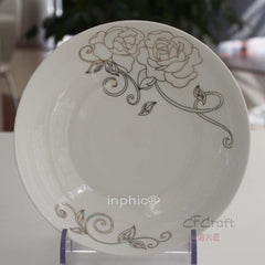 INPHIC-陶瓷餐盤金牡丹8英吋湯盤深盤子菜盤飯盤10個裝