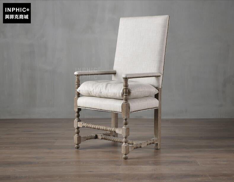 INPHIC-北歐輕奢復古扶手餐椅 橡木做舊羅馬柱高背椅 個性傢俱