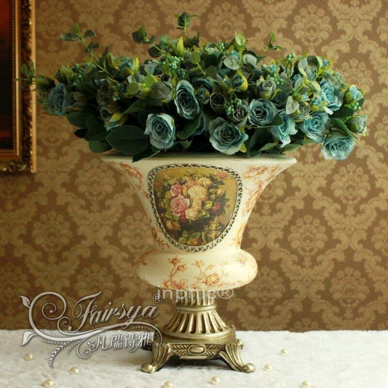 INPHIC-歐式家居擺設仿真植物花卉絹花藍色妖姬宮廷玫瑰花瓶套裝