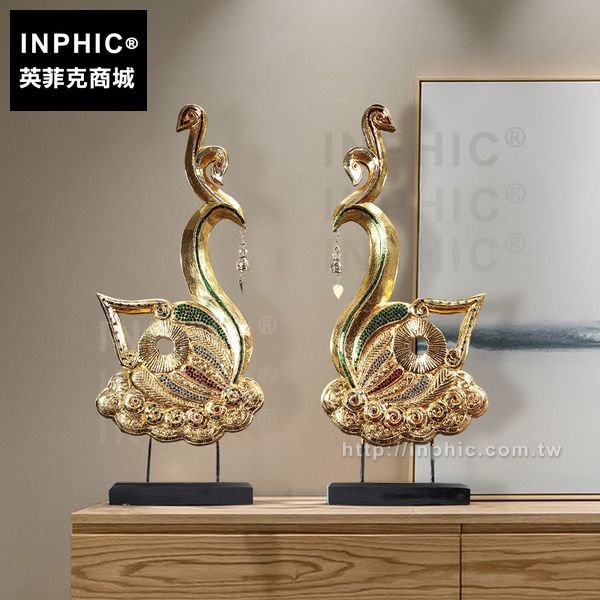 INPHIC-木雕東南亞桌面裝飾擺設客廳擺飾金箔孔雀居家飾品泰國