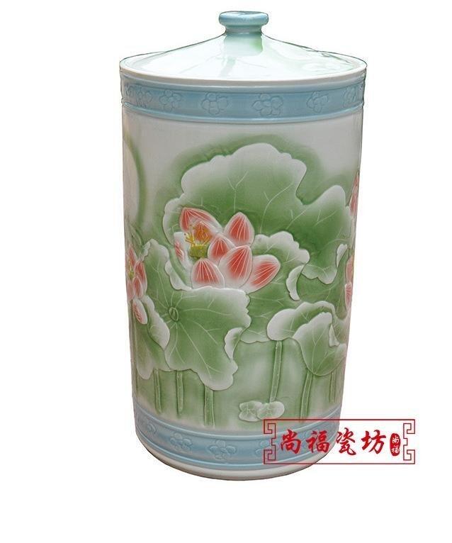 INPHIC-儲物罐 裝飾落地擺飾 荷花雕刻瓷 裝飾米缸米桶擺設