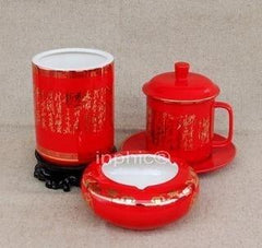 INPHIC-景德鎮陶瓷茶杯骨瓷筆筒煙灰菸灰缸4件套辦公用品詩詞