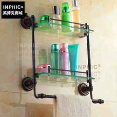 INPHIC-黑色古銅 仿古 全銅雙層化妝臺品架帶毛巾桿歐式玻璃置物架