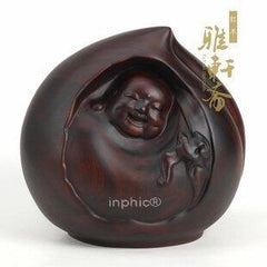 INPHIC-紅木工藝品 木雕佛像擺飾 壽桃佛 福壽雙全 笑佛鎮宅