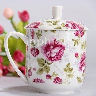 INPHIC-陶瓷杯 瓷杯帶杯蓋 粉色嬌豔 花圖案 辦公水杯 350ml