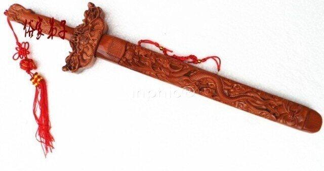 INPHIC-開光桃木劍 高檔  木雕 桃木擺件 雙龍劍架龍鳳 精品雕刻