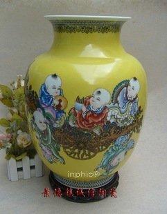 INPHIC-景德鎮陶瓷工藝品 新彩手繪 黃釉藝術瓷器 童子鬧春 嬰戲圖 擺設