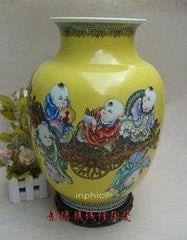 INPHIC-景德鎮陶瓷工藝品 新彩手繪 黃釉藝術瓷器 童子鬧春 嬰戲圖 擺設
