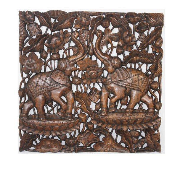 INPHIC-東南亞 家居飾品 泰國風格 木雕 掛飾 蓮花鏤空板 雙象