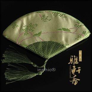 INPHIC-扇形拉鏈袋 佛珠配套用錦袋 青色 刺繡風格緞面