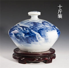 INPHIC-景德鎮十斤青花陶瓷酒瓶 10斤密封酒壇 手繪山水泉韻扁瓶