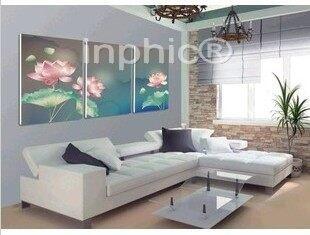 INPHIC-現代家居裝飾畫三聯畫無框畫 客廳背景牆掛畫 荷花餐廳壁畫