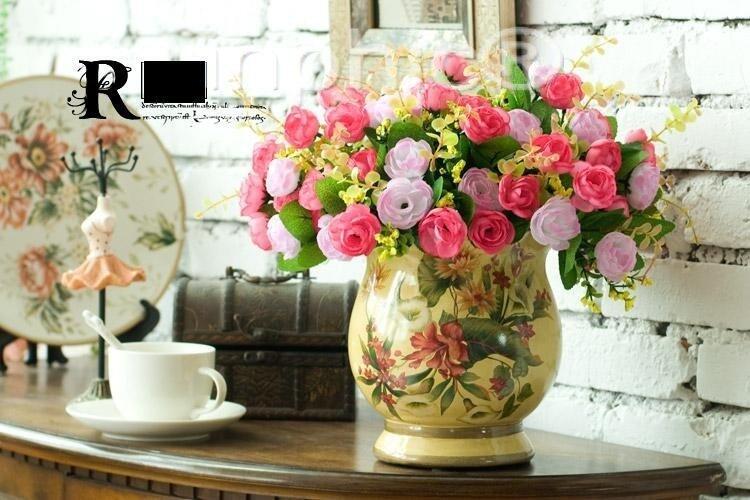 INPHIC-歐式田園風6束妮可甜美小玫瑰苞手繪花盆 仿真花套裝 3色