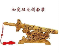 INPHIC-開光正宗桃木雕刻桃木劍雙龍劍帶座鎮宅避邪奢華擺件雙龍劍套裝