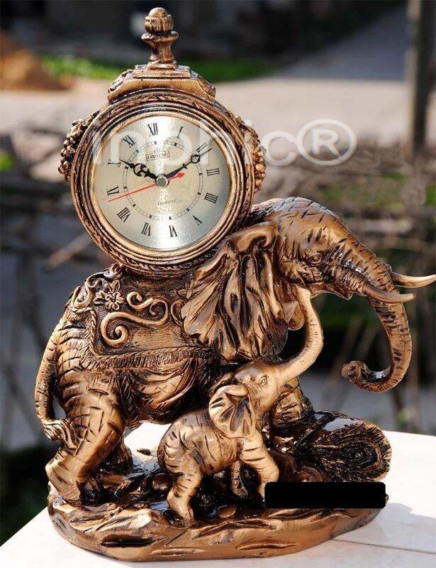 INPHIC-樹脂大象座鐘 復古風格裝飾歐式 古典金色雙象臺鐘