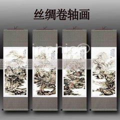 INPHIC-中國畫山水四條屏 絲綢卷軸畫 絲綢禮品 高檔禮品 裝飾客廳畫【100cm30cm】