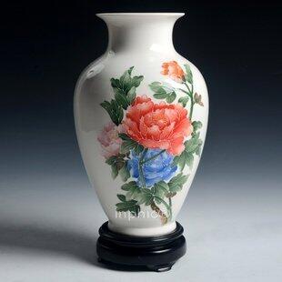 INPHIC-漢白玉瓷工藝品手繪牡丹花瓶 31CM魚尾瓶