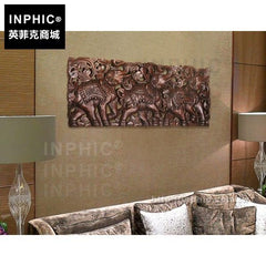 INPHIC-東南亞大象雕花板壁掛掛飾鏤空板壁飾泰國長方形木雕