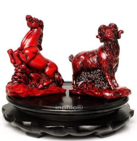 INPHIC-開光馬羊會歲仿紅木家居風水擺件屬馬人馬年納福助運吉祥物(一對帶底座)