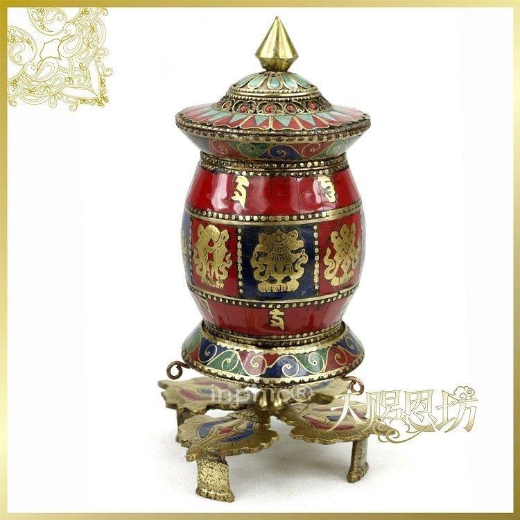 INPHIC-印度進口手工鑲綠松石大型銅轉經筒工藝品