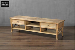 INPHIC-歐美復古橡木雕花電視機櫃 兩抽客廳做舊原木紋落地櫃矮櫃