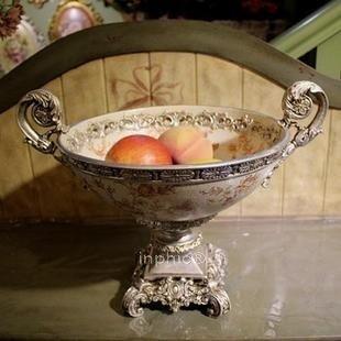 INPHIC-歐美風格 工藝擺設歐美風格 樹脂陶瓷 銀邊雙耳高腳果盆 果盤
