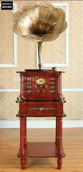 INPHIC-歐式復古大喇叭多媒體多功能留聲機復古黑膠CD唱片機-紅木紅色