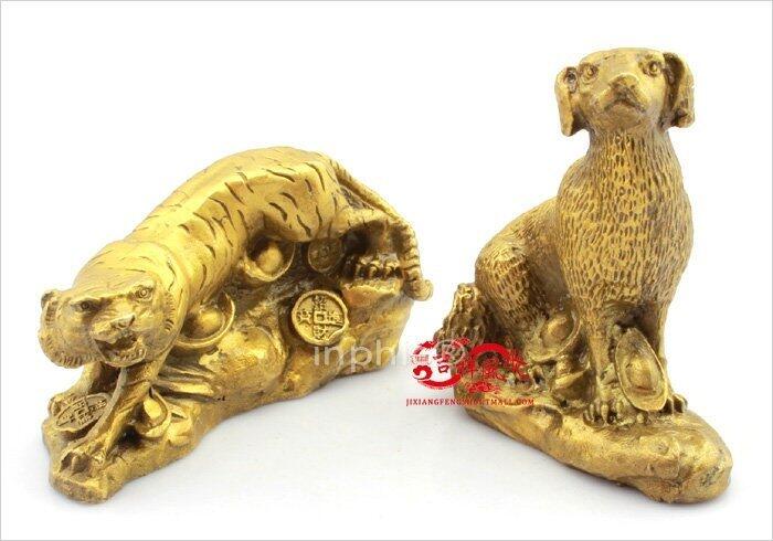 INPHIC-開光純銅菩提白虎旺財金葉擺件寶葫蘆隨身金卡擺件靈獒寶虎(一對)