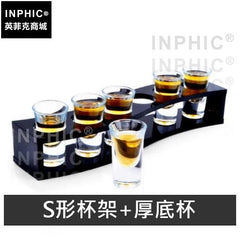 INPHIC-一口杯子彈杯玻璃杯木杯架小烈酒吞杯套裝白酒雞尾酒杯6杯-S形杯架厚底杯