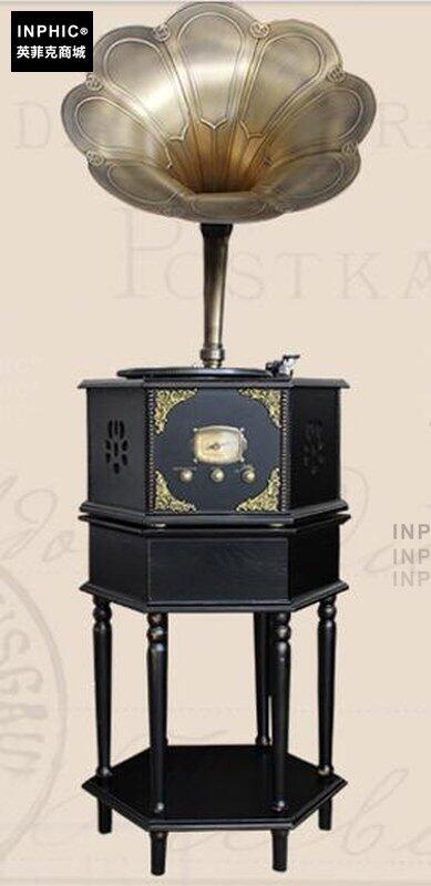 INPHIC-歐式復古大喇叭留聲機復古黑膠CD唱片機-復古黑架（藍牙版）