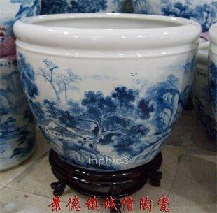 INPHIC-景德鎮陶瓷蓮子缸 青花寫意山水瓷器畫缸 魚缸 全手工繪畫製作 中