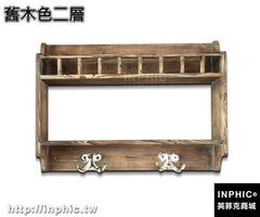 INPHIC-美式鄉村復古裝飾架實木花架帶鑰匙掛勾家居酒吧咖啡店鋪裝飾道具-舊木色二層